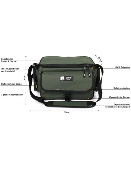 Zite Fishing Angeltasche mit Tragegurt + 4 Köderboxen 35x22x20